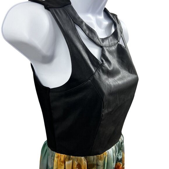 Black M Vegan Leather Cutout Floral Chiffon Maxi Sleeveless Dress Feminine Edgy - Picture 6 of 15